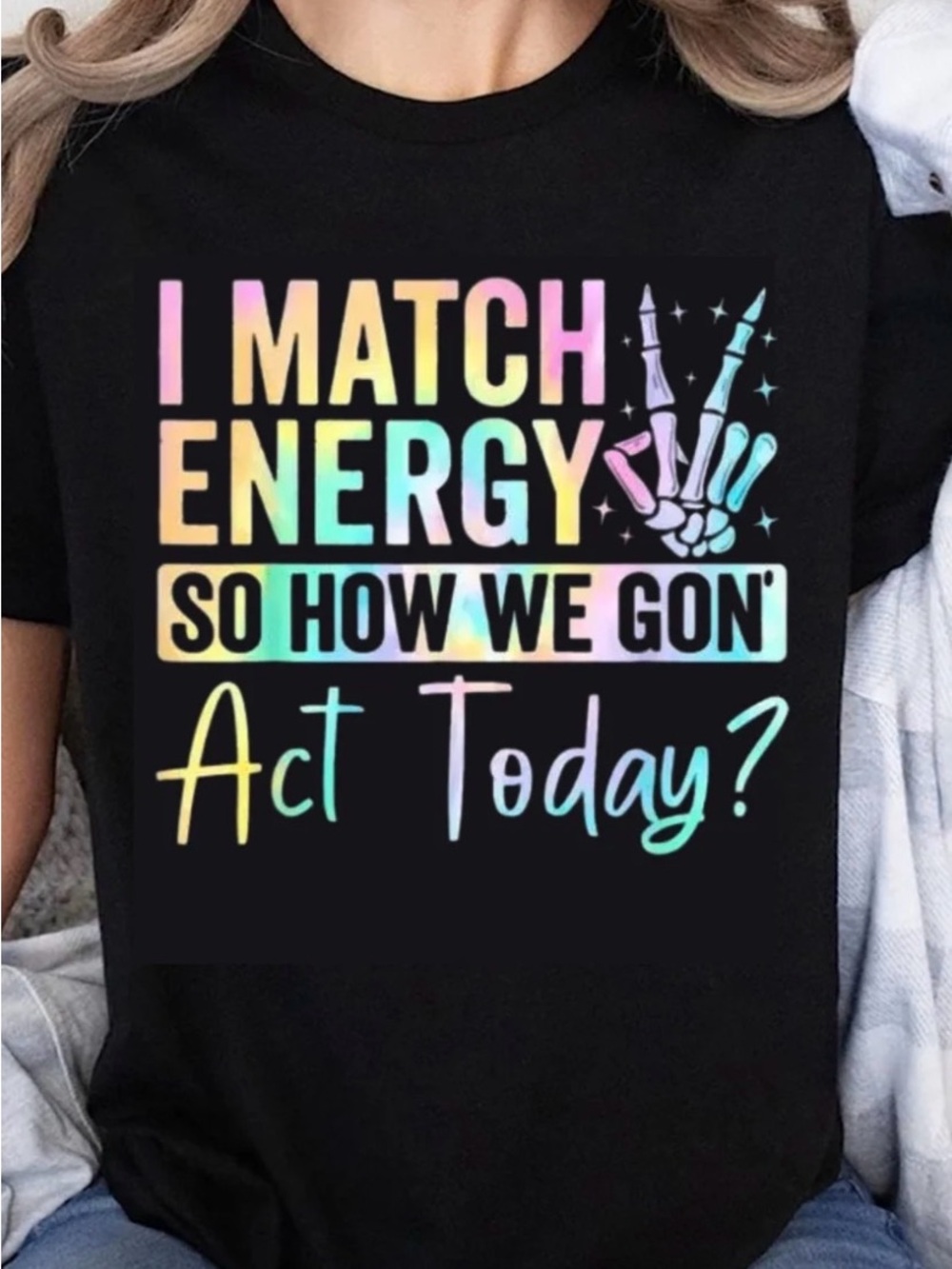 I Match Energy Black Short Sleeve Tee with Rainbow Script